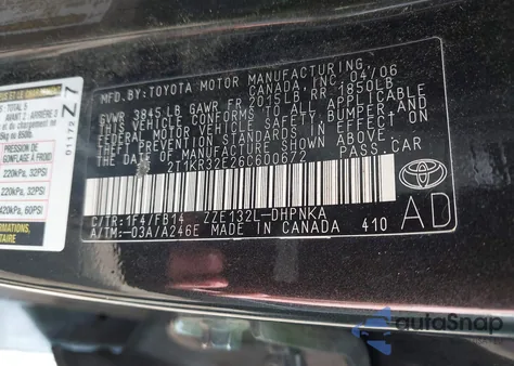 2006 Toyota Matrix Xr from USA, damaged, VIN 2T1KR32E26C600672